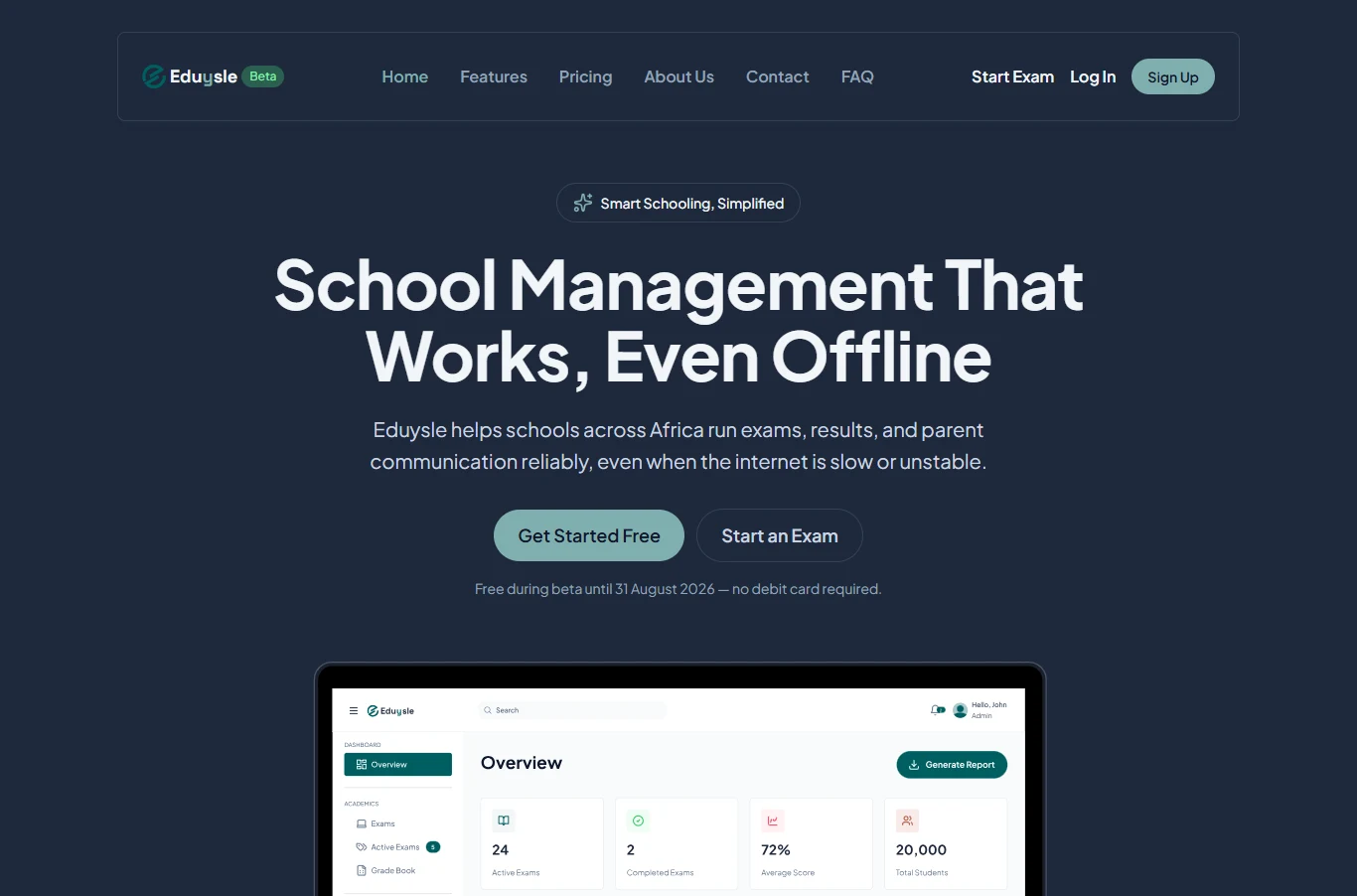 The Eduysle website, headlined "School management that works, even offline", above a laptop showing the product's dashboard