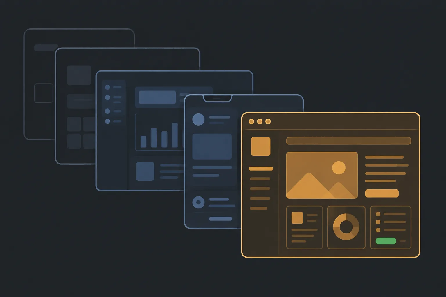 Finished projects layered in receding depth, the newest fully detailed at the front and earlier ones fading behind it
