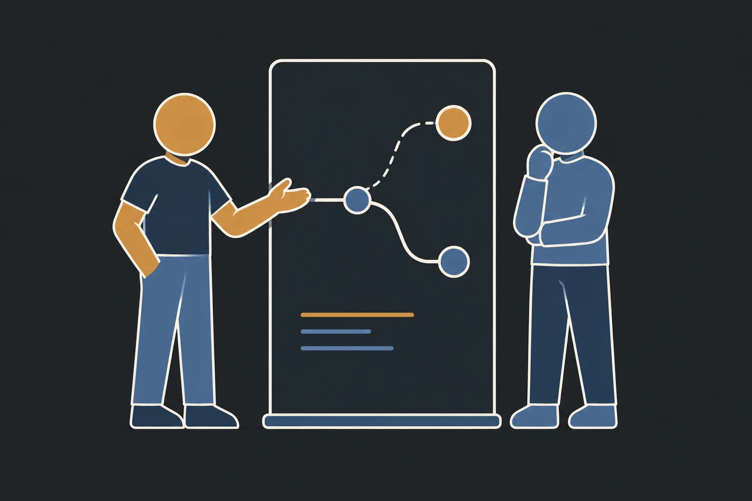Two people at a board showing a branching path with one route marked