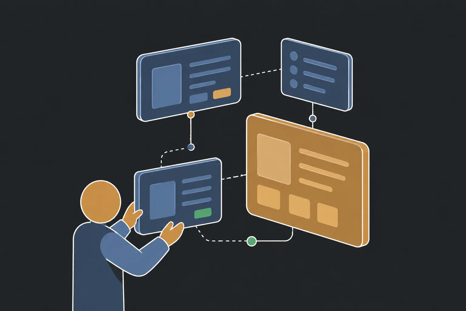 Panels of an application being assembled into one system