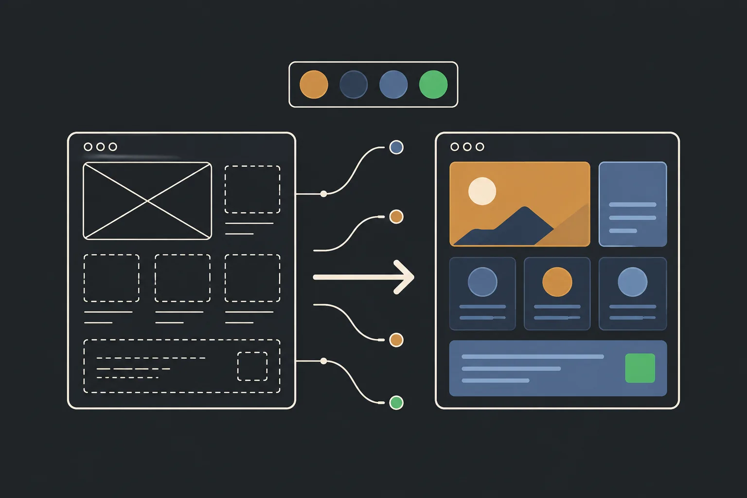 A wireframe on the left resolving into a finished interface on the right