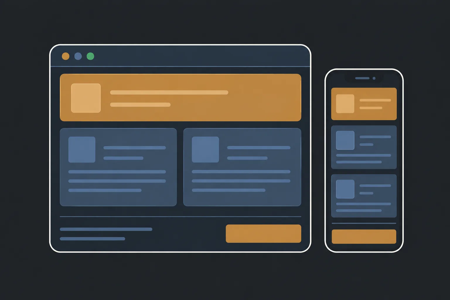 A browser window and a phone showing the same layout, one wide and one stacked