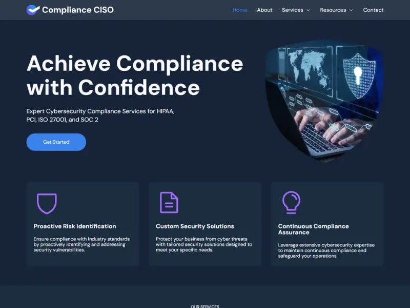 The Compliance CISO website homepage, a dark-themed cybersecurity site