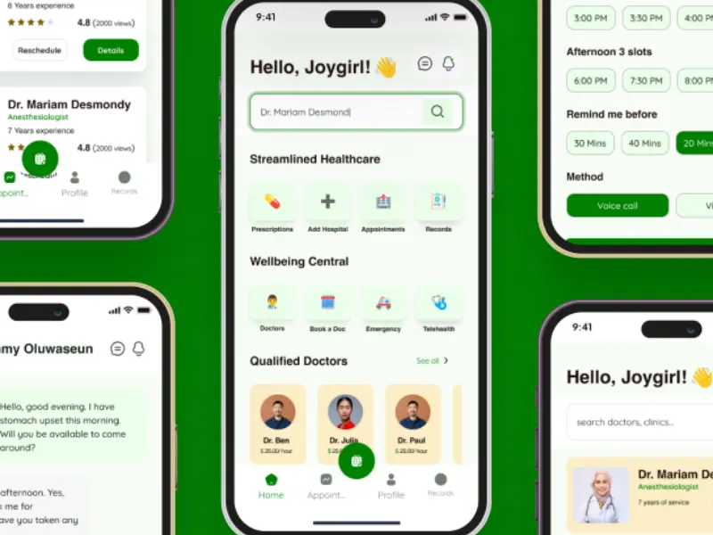 Screens from the Eupnea medical appointment scheduling mobile app design