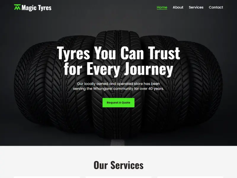The redesigned Magic Tyres website homepage, a New Zealand car tyre retailer