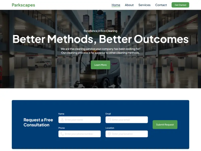 The Parkscapes LLC website homepage, a commercial parking garage cleaning service site