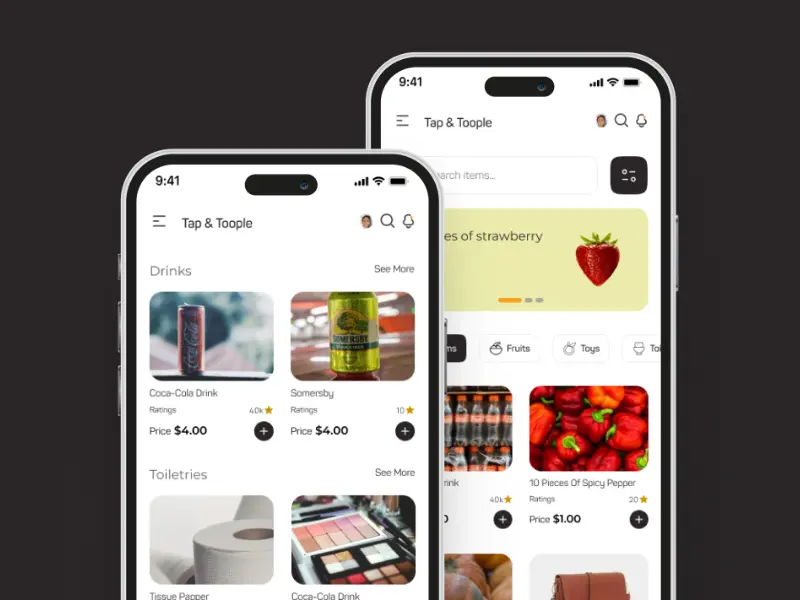 Screens from the Tap and Topple supermarket ecommerce mobile app design