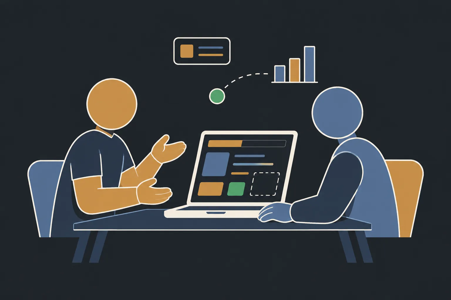 Two people working together at a desk over a laptop