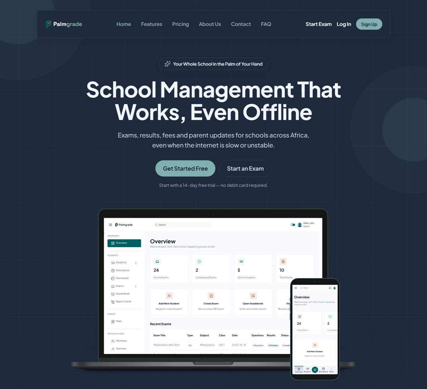 The Palmgrade website in dark mode — the strapline "Your whole school, in the palm of your hand." above the headline "School Management That Works, Even Offline", with a laptop and phone below showing the Palmgrade dashboard